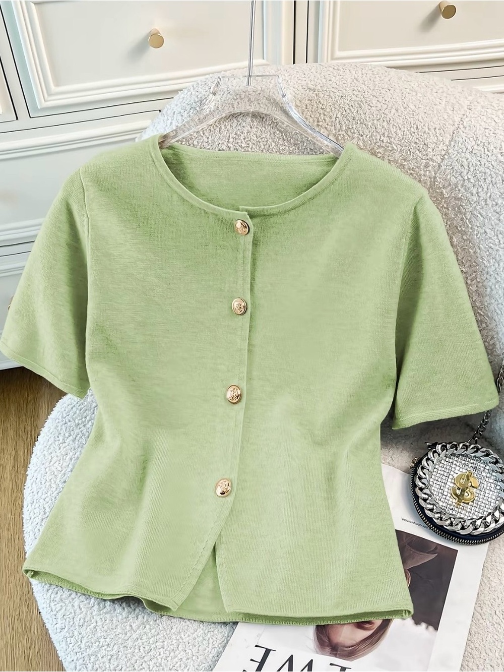 Light Green Short Sleeve Button-Up Top